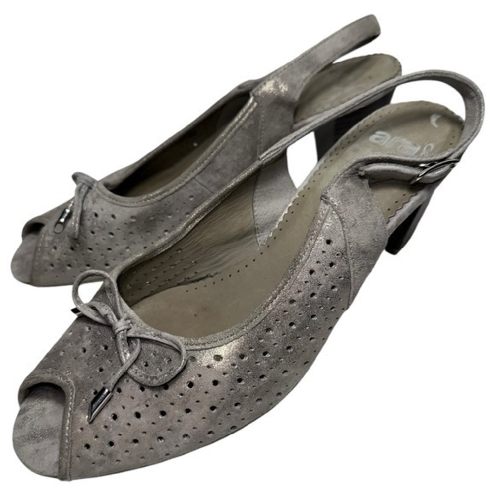 Luftpolster Ara Women’s 9.5 Pewter Metallic Silver Leather 2.5” Sling Back Heels